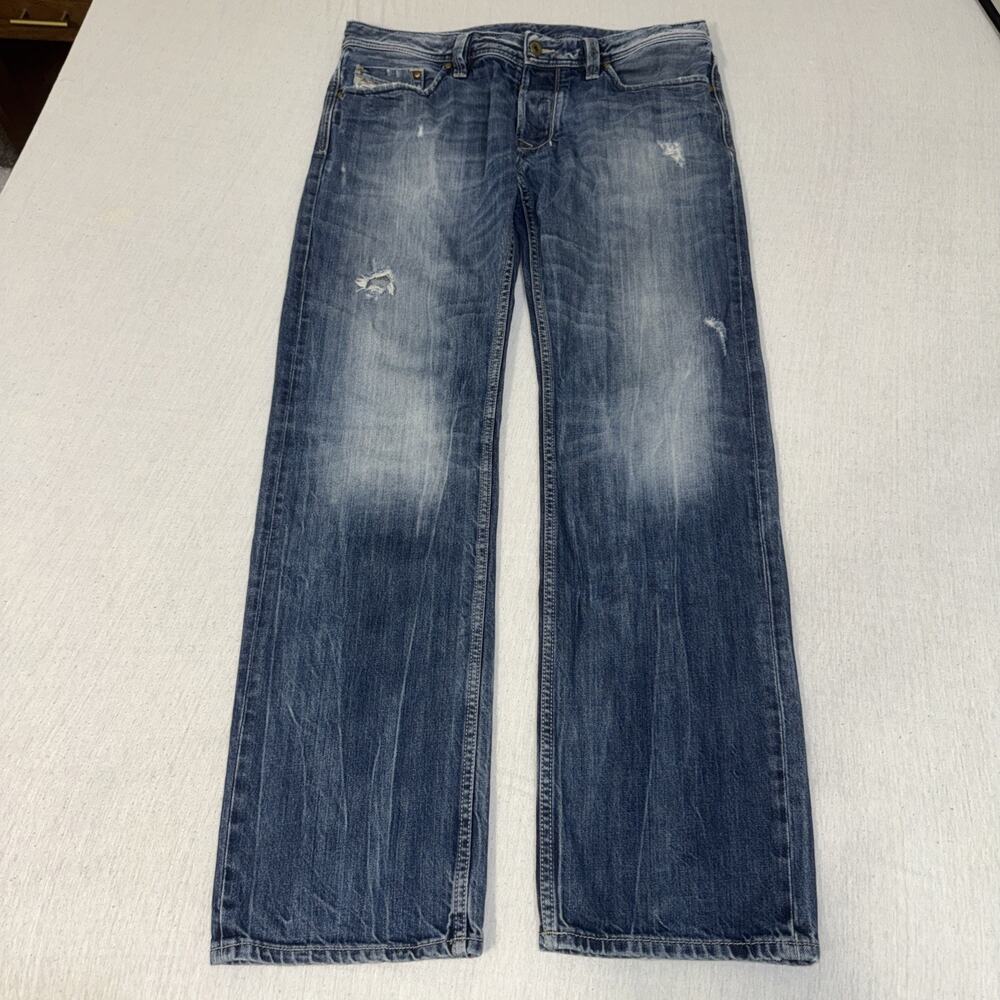 Diesel Larkee Mens 34x32 Regular Straight Blue Jeans Distressed Button Fly 008B9